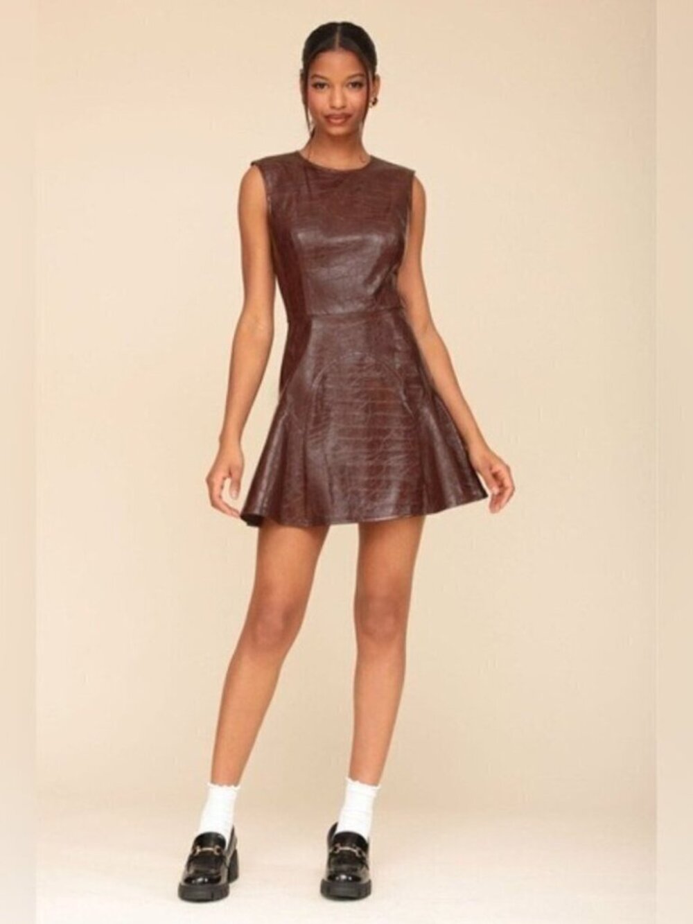 Avec Les Filles Women's Croc-Embossed Mini Dress Chocolate Brown Size 14